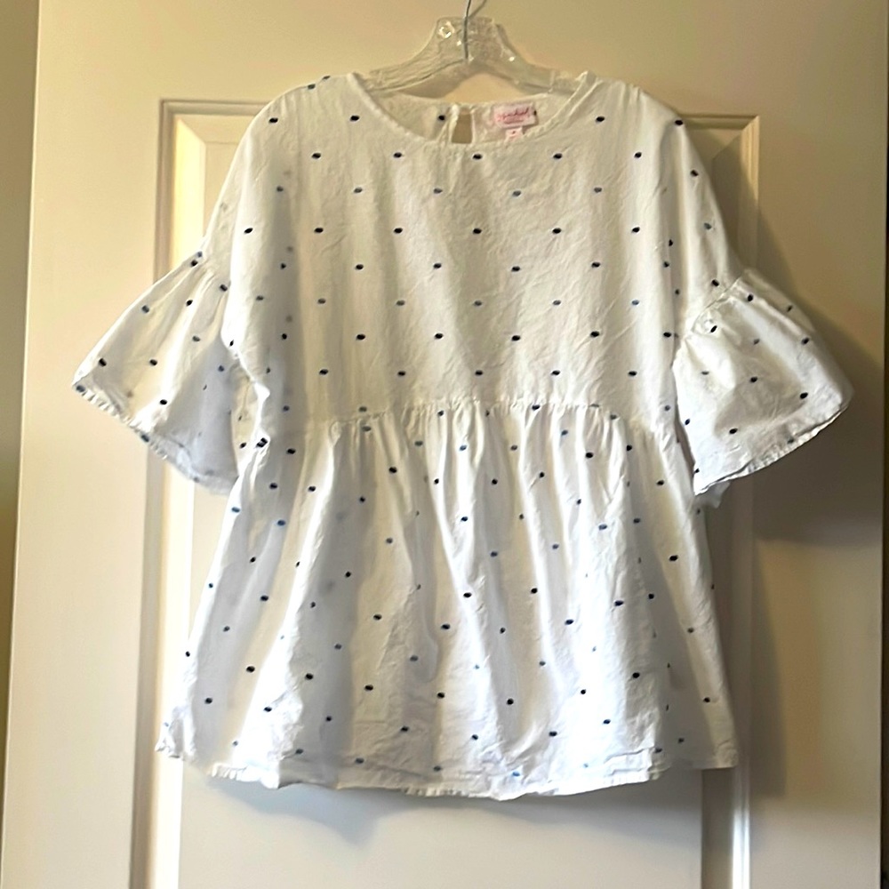ISABEL MATERNITY Lovely White Top with Blue Embroidery Dots Sz M